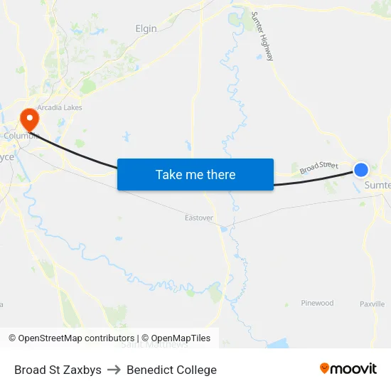 Broad St Zaxbys to Benedict College map