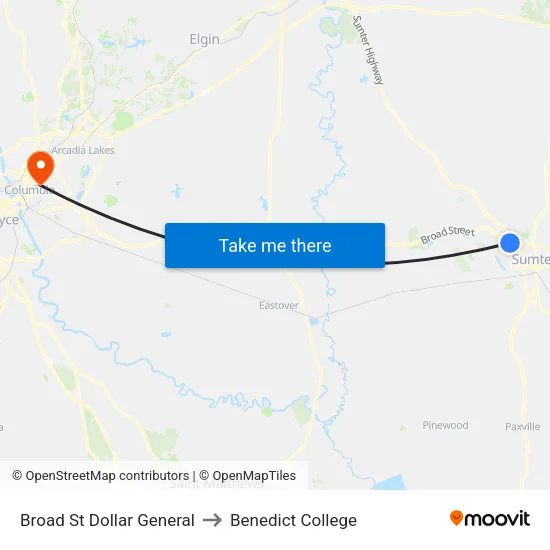 Broad St Dollar General to Benedict College map