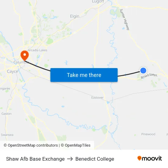 Shaw Afb Base Exchange to Benedict College map