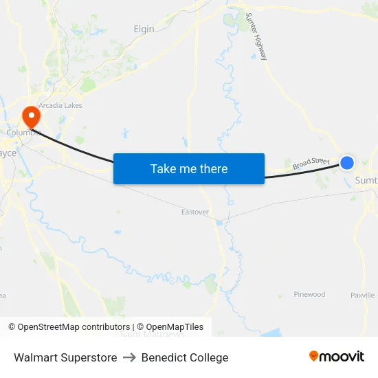 Walmart Superstore to Benedict College map