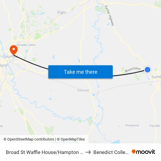 Broad St Waffle House/Hampton Inn to Benedict College map