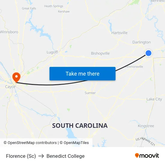 Florence (Sc) to Benedict College map