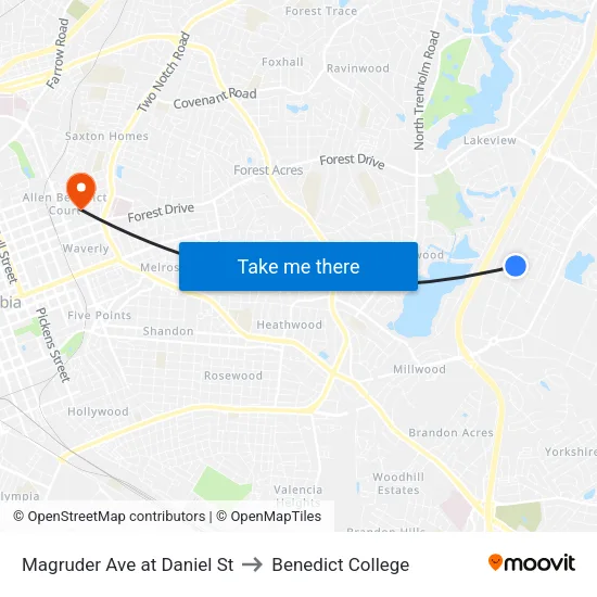 Magruder Ave at Daniel St to Benedict College map