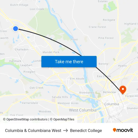 Columbia & Columbiana West to Benedict College map