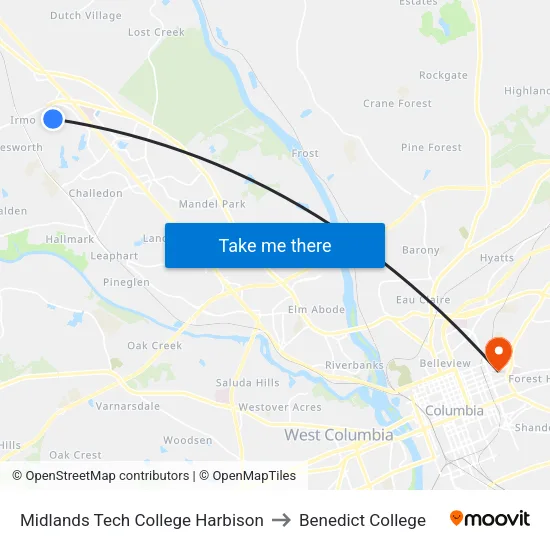 Midlands Tech College Harbison to Benedict College map