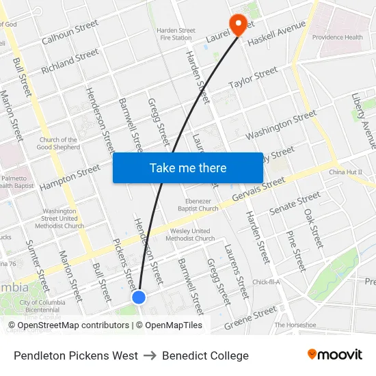 Pendleton Pickens West to Benedict College map