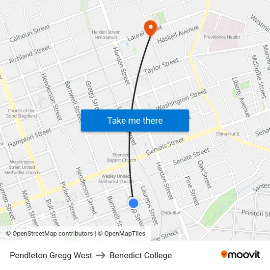 Pendleton Gregg West to Benedict College map