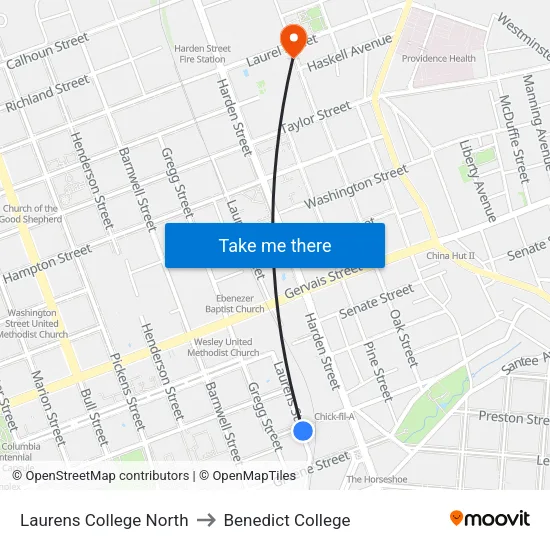 Laurens College North to Benedict College map