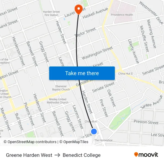 Greene Harden West to Benedict College map
