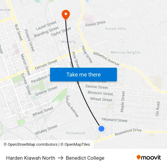 Harden Kiawah North to Benedict College map