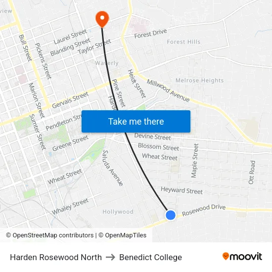 Harden Rosewood North to Benedict College map