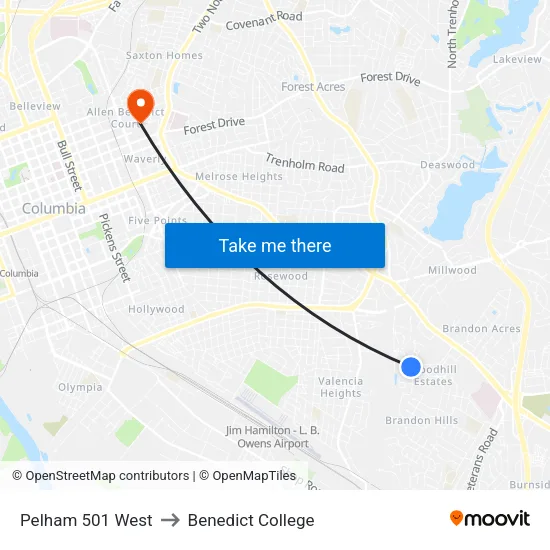 Pelham 501 West to Benedict College map