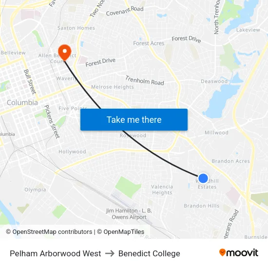 Pelham Arborwood West to Benedict College map