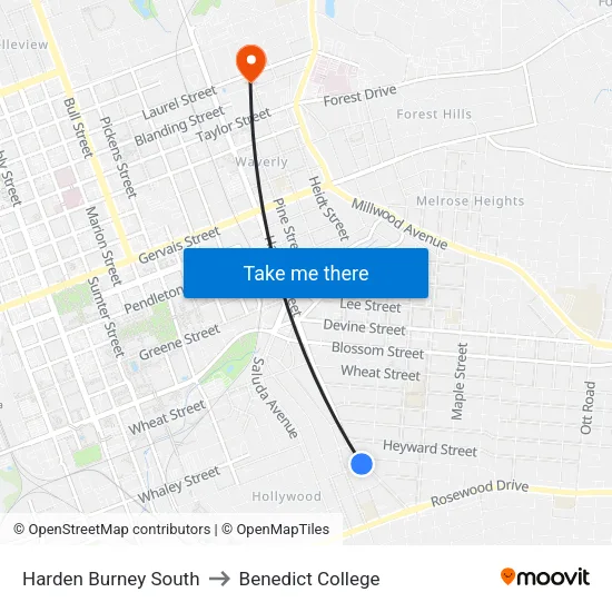 Harden Burney South to Benedict College map