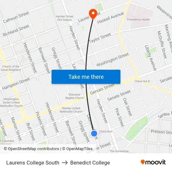 Laurens College South to Benedict College map