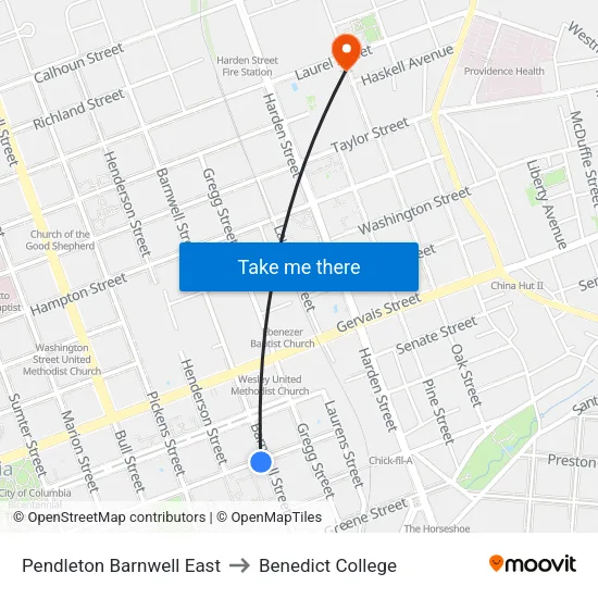Pendleton Barnwell East to Benedict College map