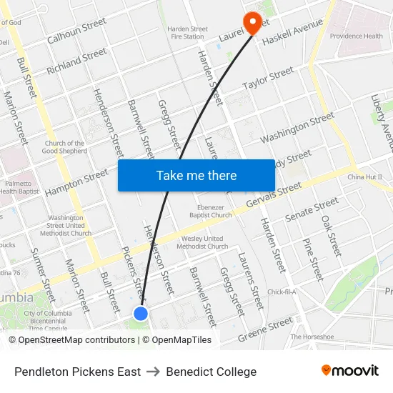 Pendleton Pickens East to Benedict College map