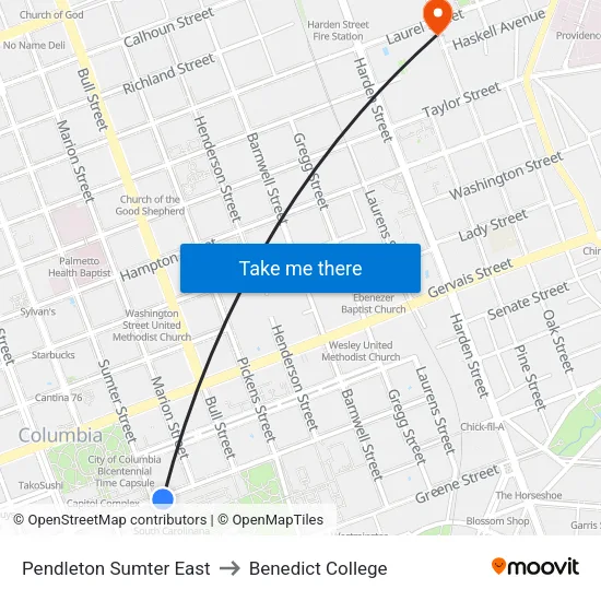 Pendleton Sumter East to Benedict College map
