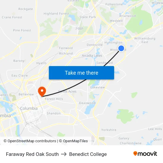 Faraway Red Oak South to Benedict College map