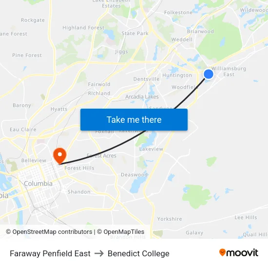 Faraway Penfield East to Benedict College map
