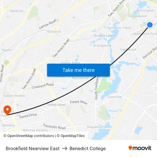 Brookfield Nearview East to Benedict College map
