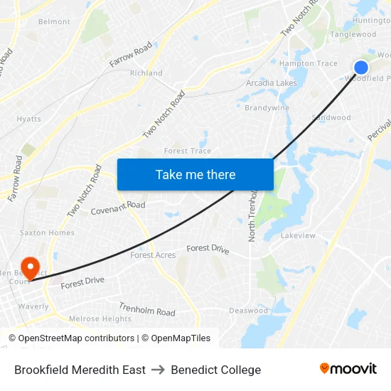 Brookfield Meredith East to Benedict College map