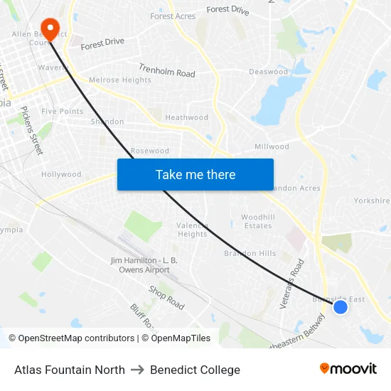 Atlas Fountain North to Benedict College map