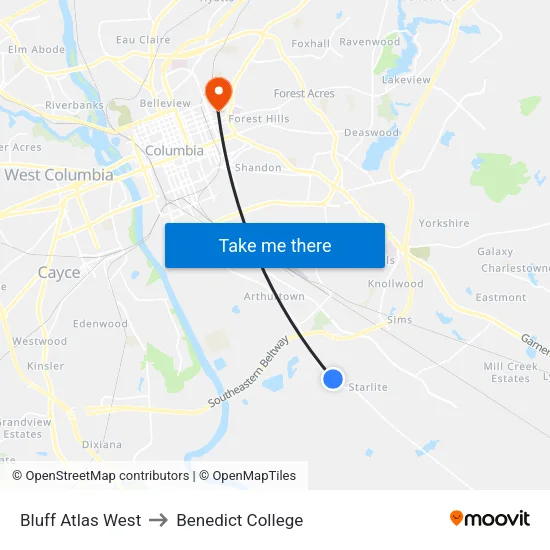Bluff Atlas West to Benedict College map