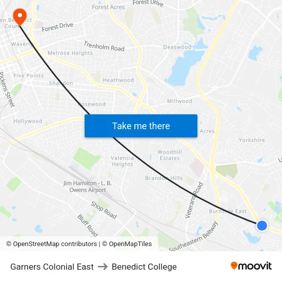 Garners Colonial East to Benedict College map