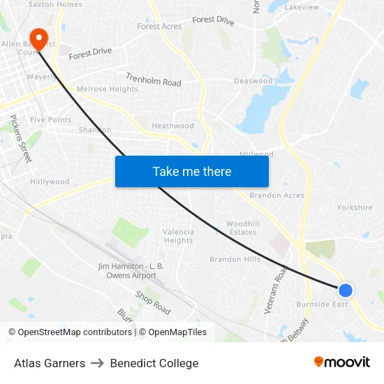 Atlas Garners to Benedict College map
