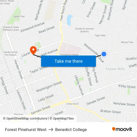 Forest Pinehurst West to Benedict College map