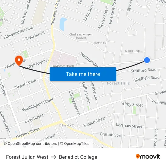 Forest Julian West to Benedict College map