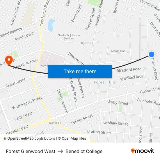 Forest Glenwood West to Benedict College map