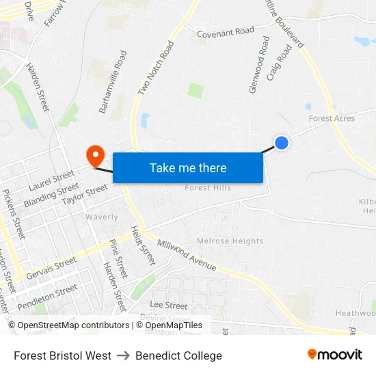 Forest Bristol West to Benedict College map