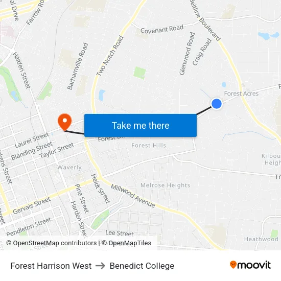 Forest Harrison West to Benedict College map