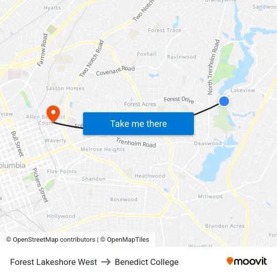 Forest Lakeshore West to Benedict College map