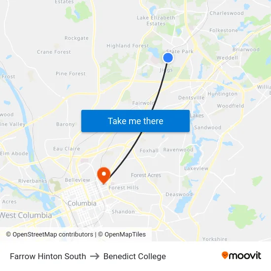 Farrow Hinton South to Benedict College map