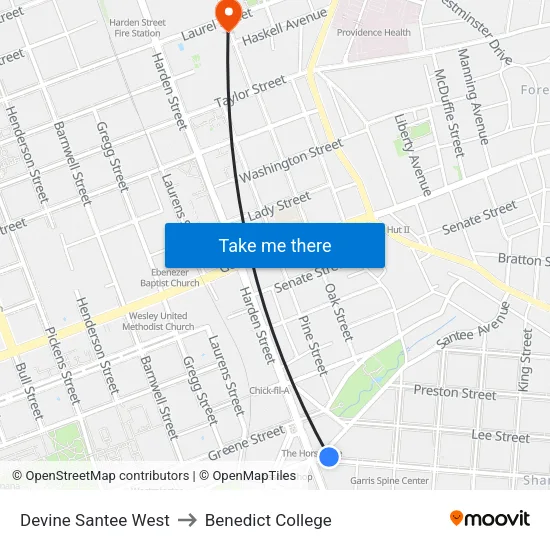 Devine Santee West to Benedict College map