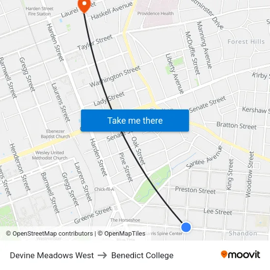 Devine Meadows West to Benedict College map