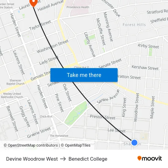 Devine Woodrow West to Benedict College map