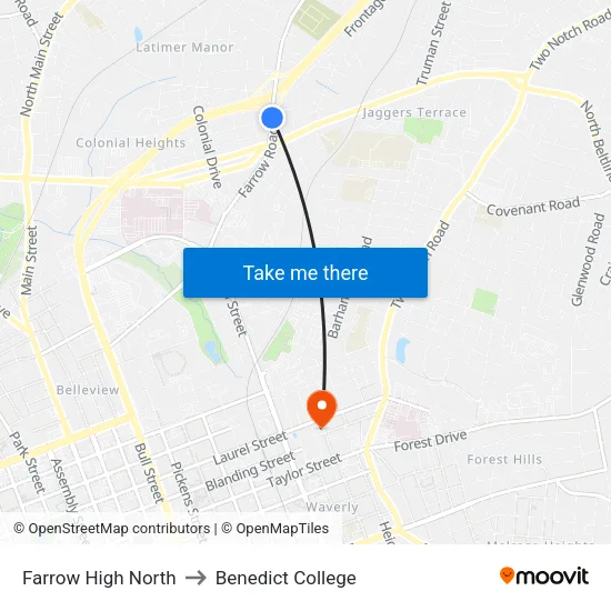 Farrow High North to Benedict College map