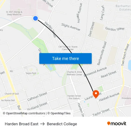 Harden Broad East to Benedict College map