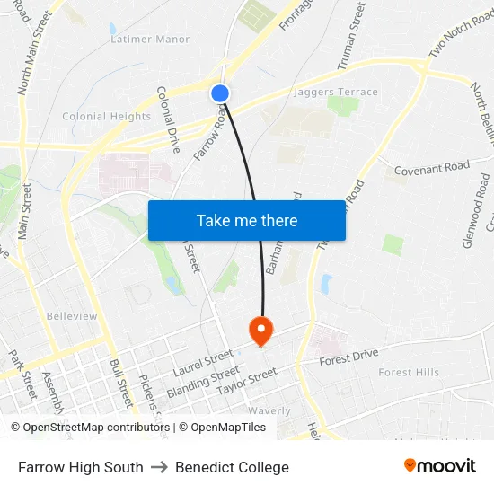Farrow High South to Benedict College map