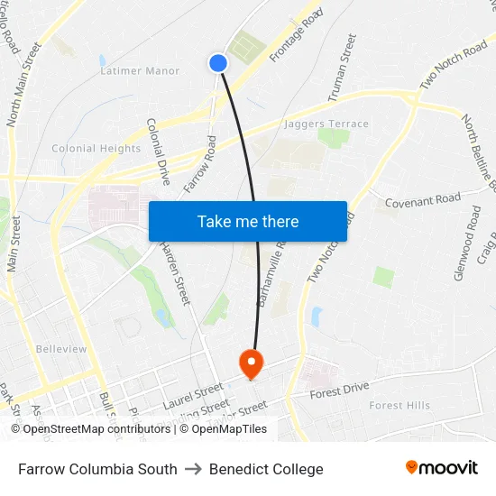 Farrow Columbia South to Benedict College map