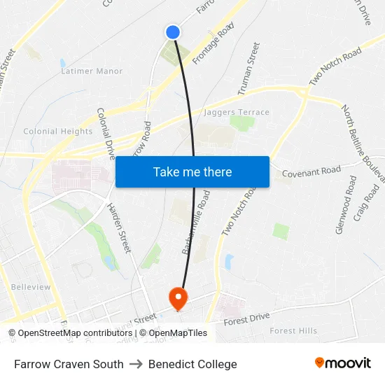 Farrow Craven South to Benedict College map