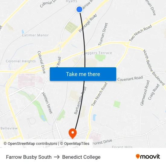 Farrow Busby South to Benedict College map