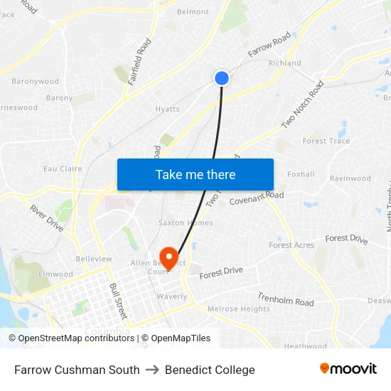 Farrow Cushman South to Benedict College map