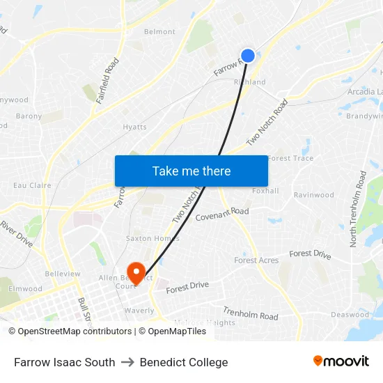 Farrow Isaac South to Benedict College map