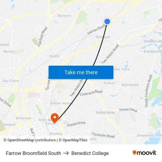 Farrow Broomfield South to Benedict College map