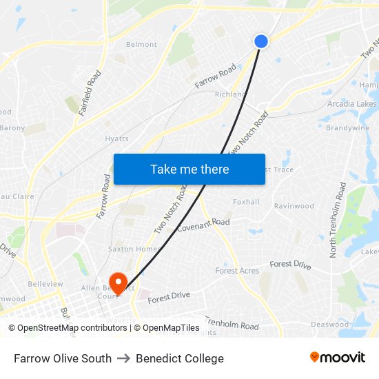 Farrow Olive South to Benedict College map